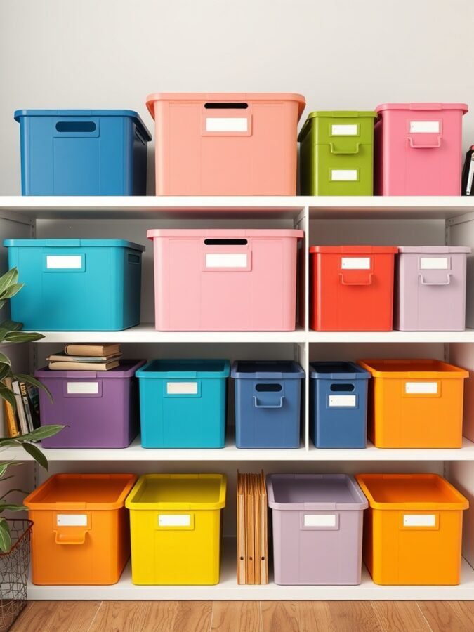 25 Smart Storage Solutions for a Stylish Home Office 23 Color-coded storage bins on a white shelf in a home office