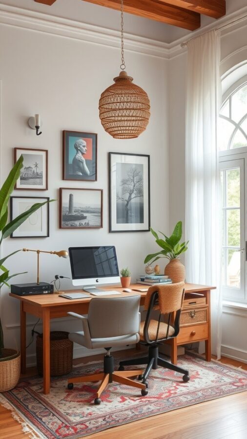 21 Creative Home Office Ideas to Boost Your Productivity 20 A cozy home office with a wooden desk, plants, cultural artwork on the walls, and a woven light fixture.