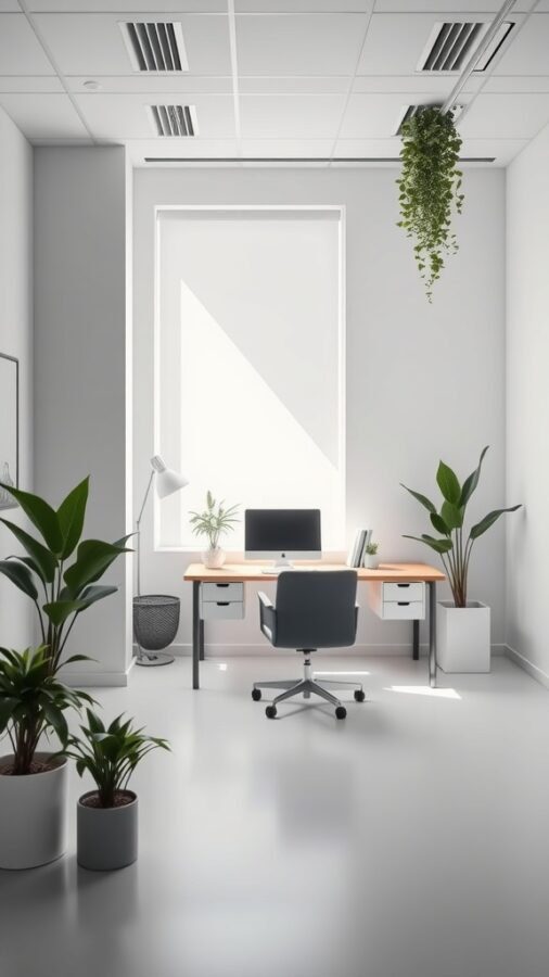A minimalist home office with a wooden desk, computer, and several green plants.