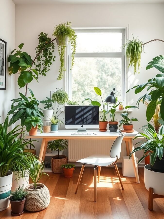 A bright home office filled with various plants, including hanging ferns and potted succulents, alongside a desk with a computer and lamp.