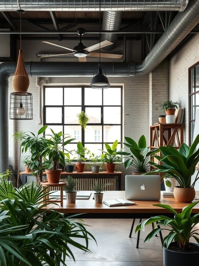 A stylish industrial home office filled with various plants, featuring large windows and a wooden desk.