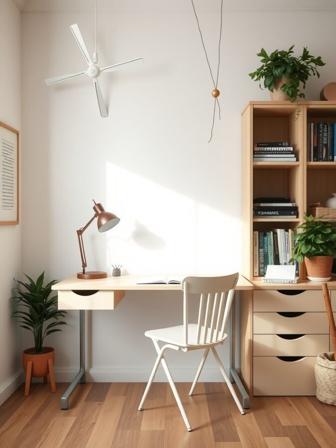 A bright home office with a desk, chair, and bookshelf featuring plants and books.