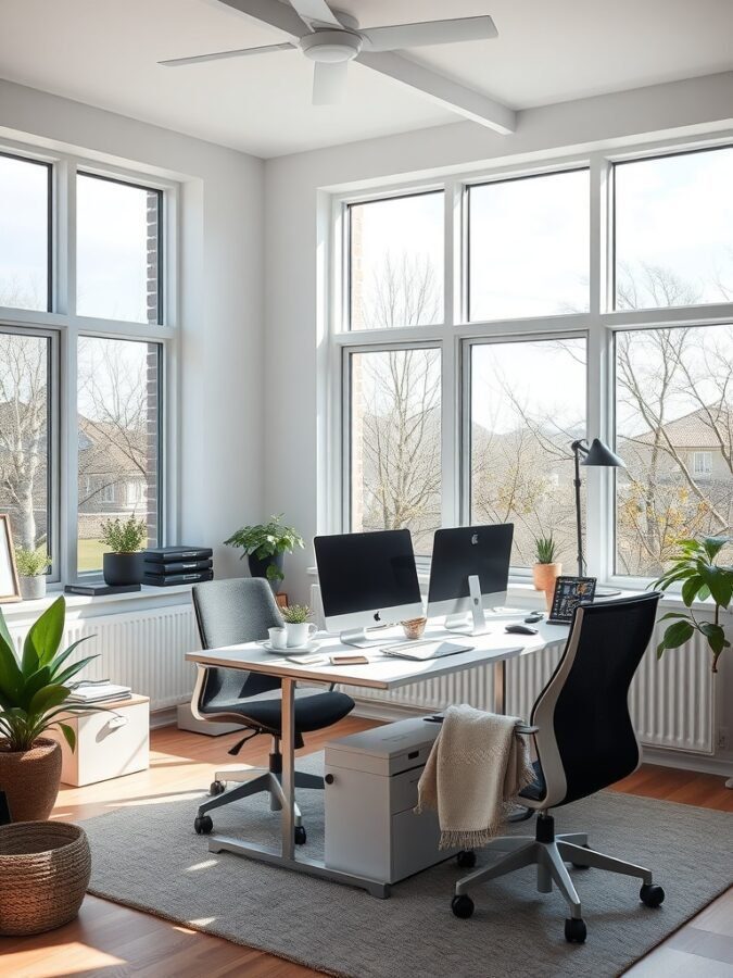 A bright home office with large windows, two desks, and indoor plants.