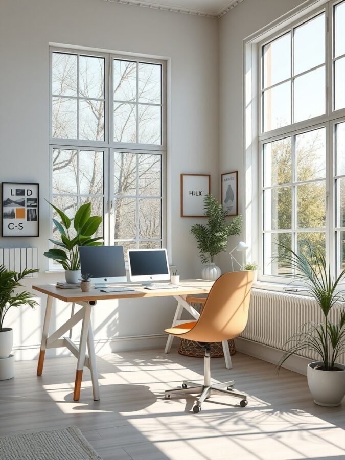 A bright home office with large windows, a wooden desk, two monitors, and plants.