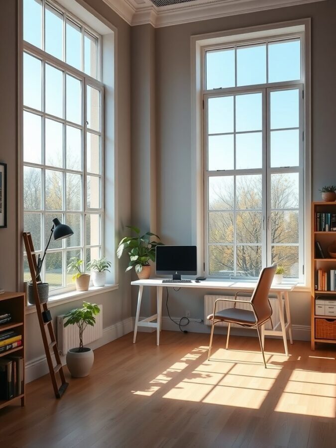 Bright home office with large windows, plants, and a desk.