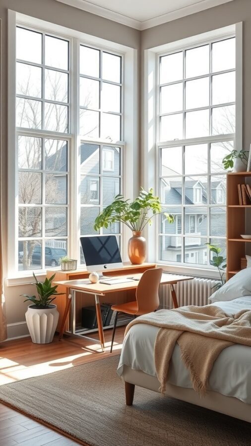 A bright home office with large windows, a desk, and a bed, showcasing natural light and plants.