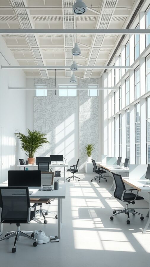 23 Creative Home Office Ideas for Shared Workspaces 13 Bright office space with large windows, plants, and modern desks