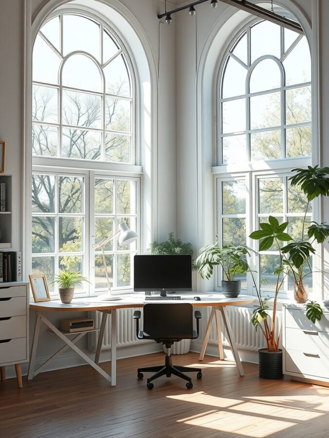 A bright home office with large arched windows, a desk with a computer, and indoor plants.