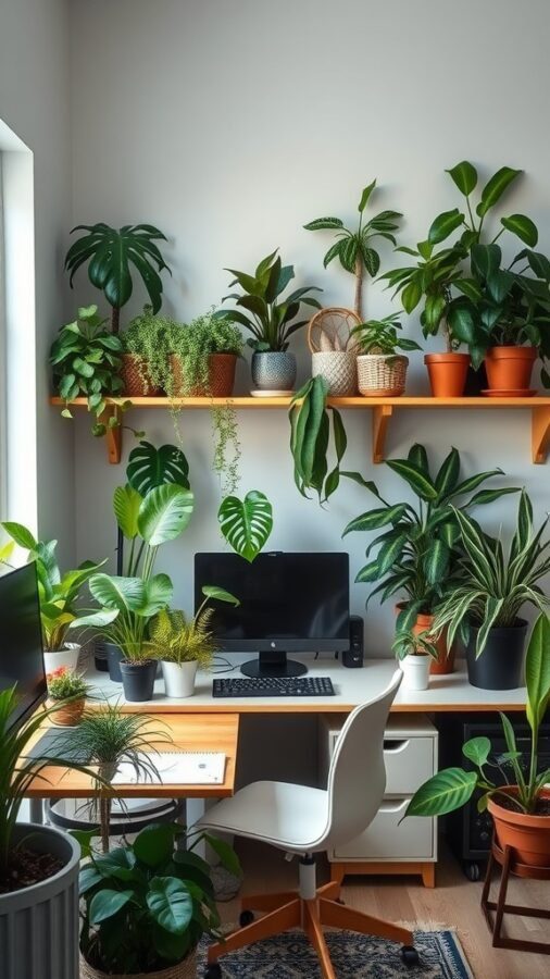 21 Creative Home Office Ideas to Boost Your Productivity 8 A bright home office filled with various indoor plants, showcasing a desk with a computer and a comfortable chair.