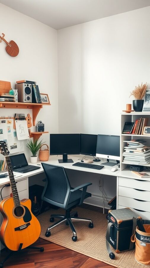 21 Creative Home Office Ideas to Boost Your Productivity 17 A cozy home office with a guitar, dual monitors, and organized shelves.