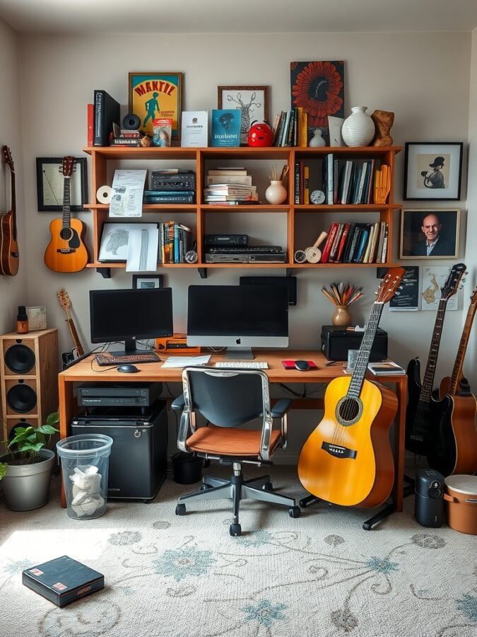 A home office featuring guitars, books, and personal decorations, creating an inspiring workspace.