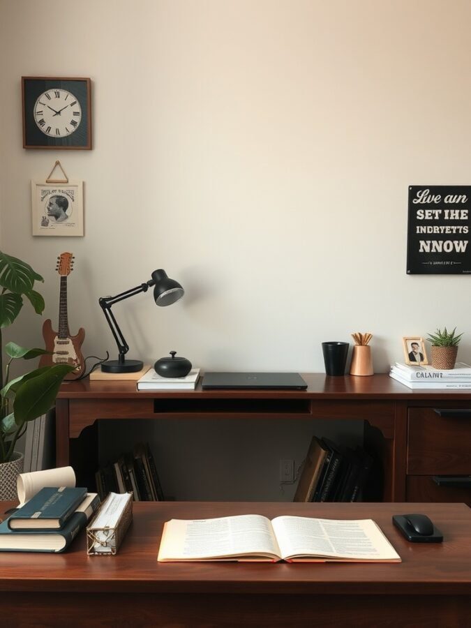 A cozy home office setup with a wooden desk, books, a guitar, and personal mementos on the wall.
