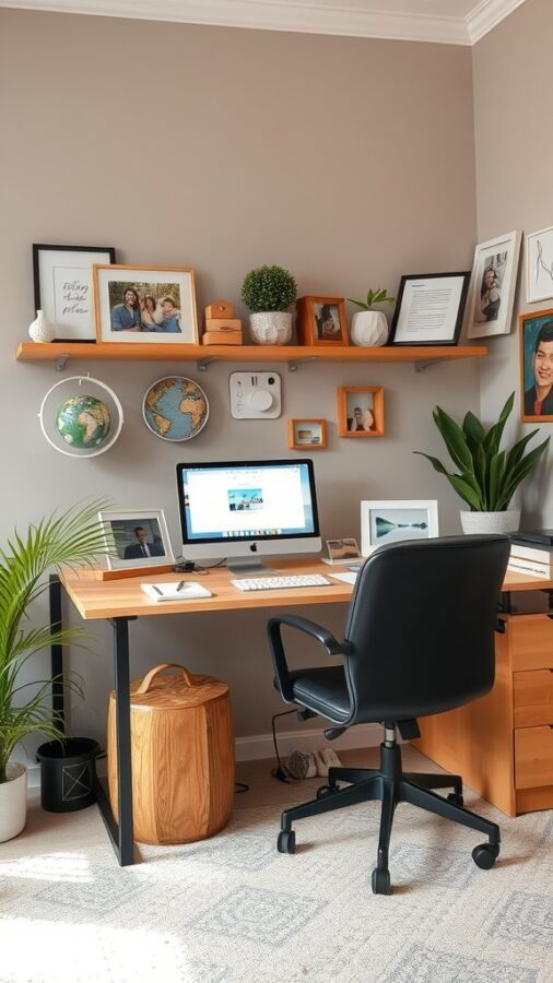 23 Creative Home Office Ideas for Shared Workspaces 22 A cozy home office with a wooden desk, black chair, and personal decorations on the wall.