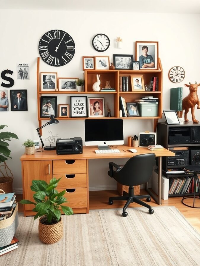 A cozy home office with a wooden desk, personal photos, clocks, and plants.