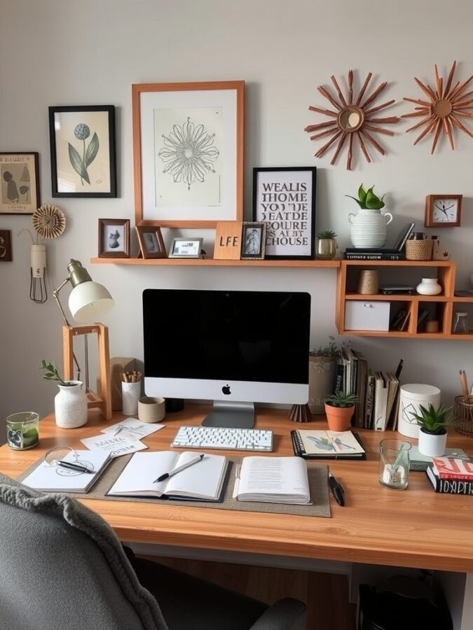 A cozy home office with a wooden desk, computer, plants, and framed artwork on the wall.