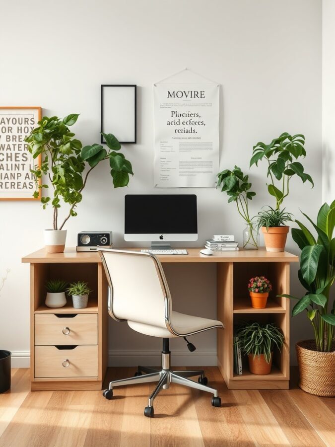 25 Smart Storage Solutions for a Stylish Home Office 18 A home office desk with various plants, a computer, and decorative items.