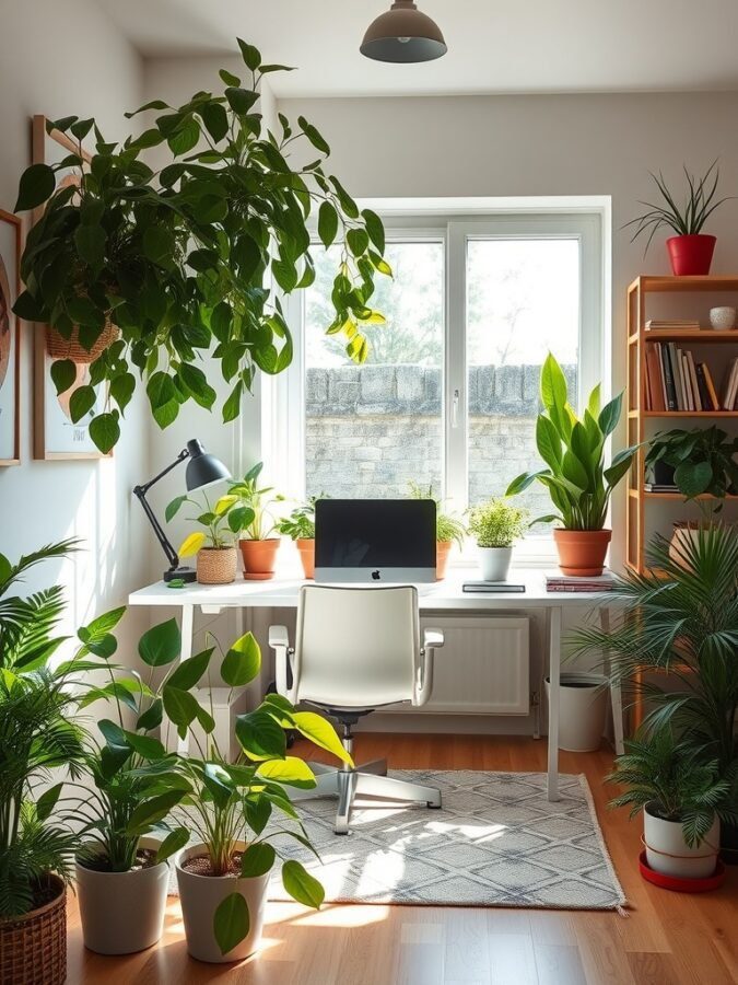 A bright home office filled with various plants, showcasing a desk with a computer and a lamp.