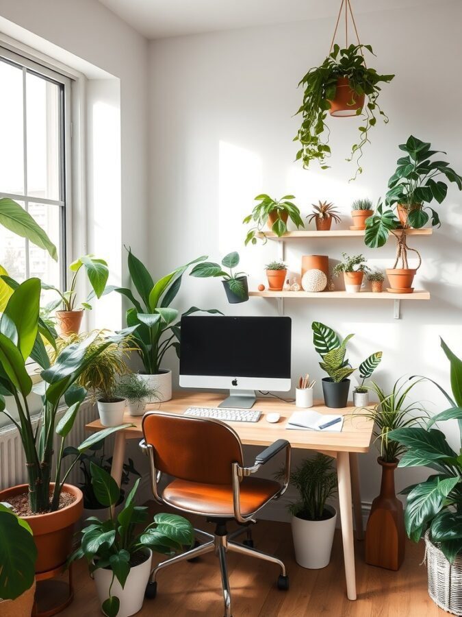 A bright home office with various plants around a desk, showcasing a healthy workspace.