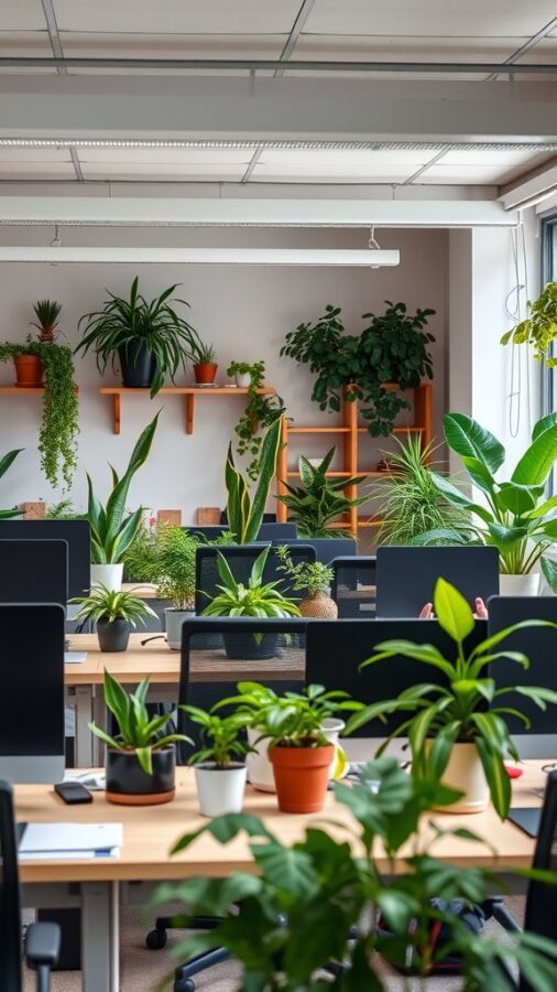 23 Creative Home Office Ideas for Shared Workspaces 4 An office space filled with various plants on desks and shelves, creating a fresh and inviting atmosphere.