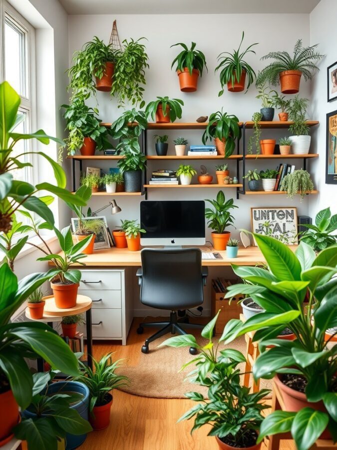 A home office filled with various plants on shelves and around a desk, creating a fresh and lively workspace.