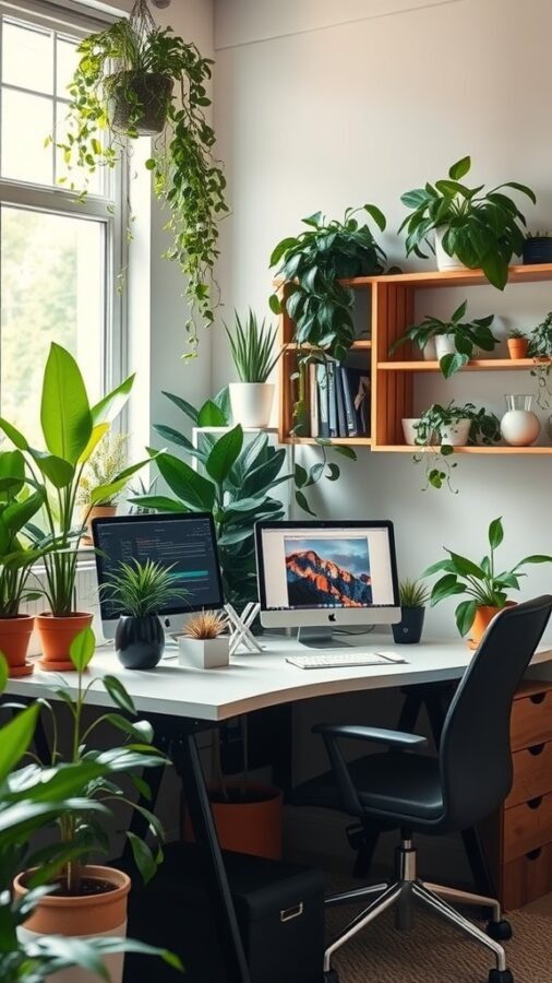 19 Inspiring Home Office Ideas You Need to Try 2 A home office filled with various plants, creating a fresh and vibrant workspace.