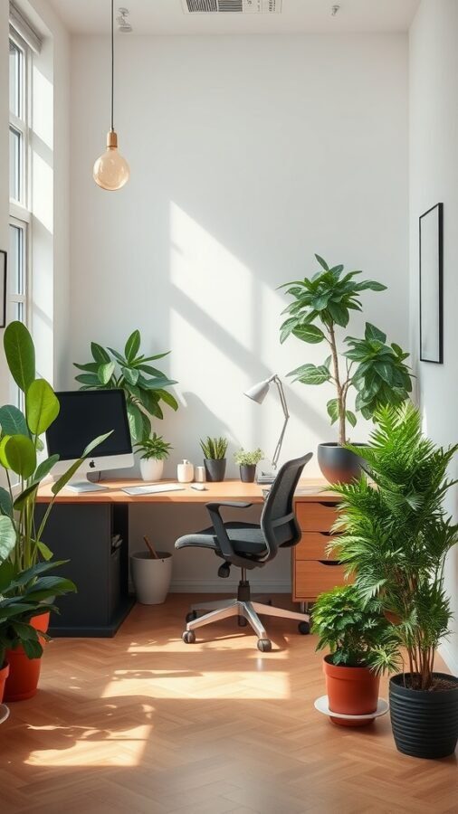 A bright home office with various plants, a desk, and a computer.