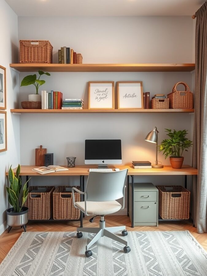 A stylish home office with a desk, computer, shelves, and storage baskets.