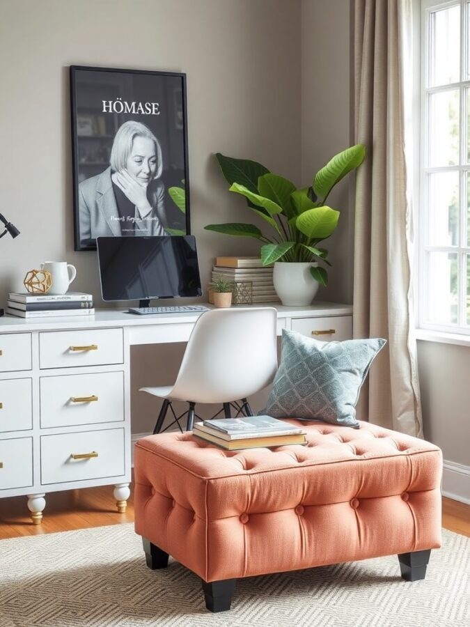 25 Smart Storage Solutions for a Stylish Home Office 11 A cozy home office with a vibrant orange storage ottoman, a desk, and a plant.
