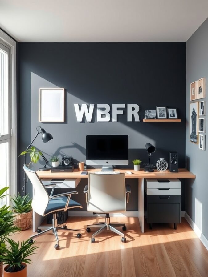 A modern home office setup featuring a computer, stylish chairs, and decorative elements.