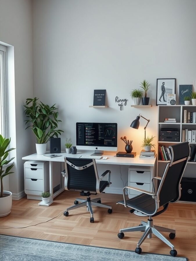 A modern home office with a sleek desk, ergonomic chairs, a computer monitor displaying data, and plants for a fresh look.