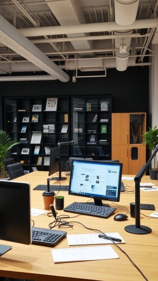 23 Creative Home Office Ideas for Shared Workspaces 20 A modern shared workspace with multiple computers, plants, and a collaborative atmosphere.