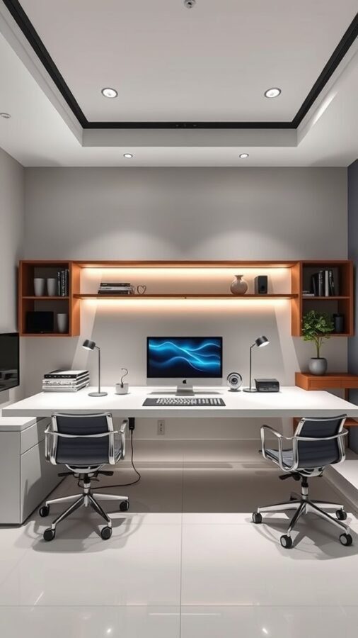 21 Creative Home Office Ideas to Boost Your Productivity 6 Modern home office with a sleek desk, Apple computer, and stylish lighting.