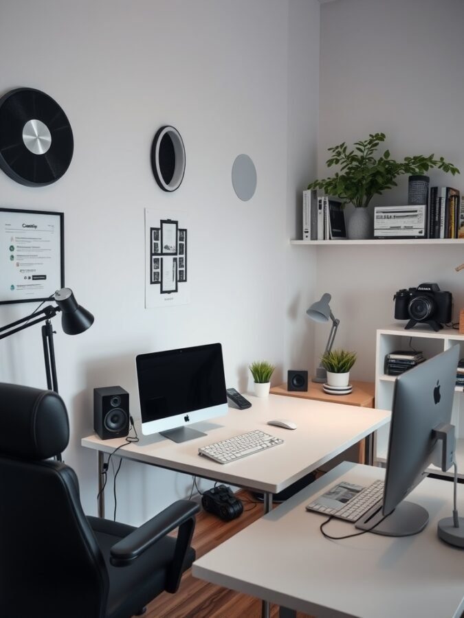 A modern home office setup featuring an iMac, a second monitor, speakers, a desk lamp, and plants.