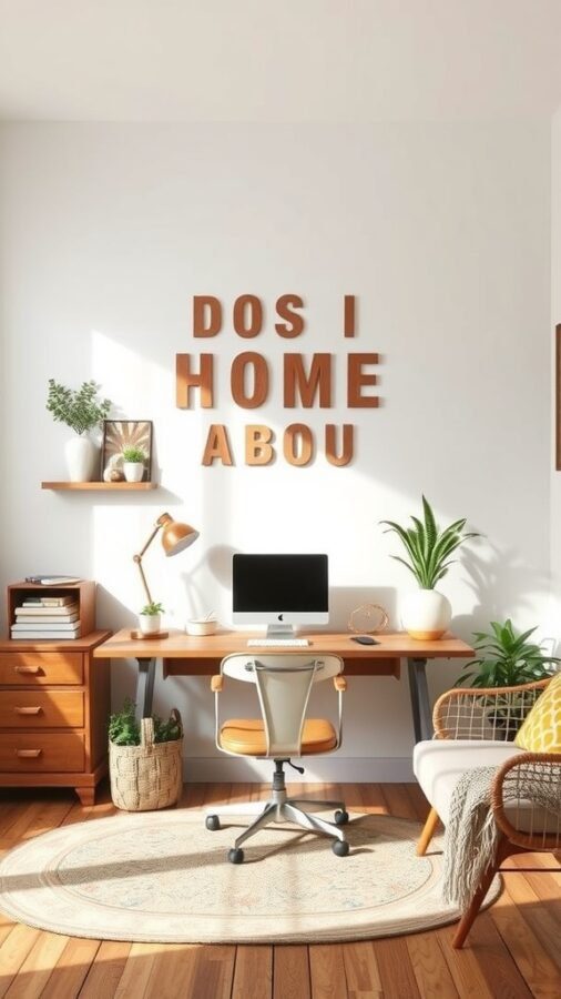 19 Inspiring Home Office Ideas You Need to Try 11 A stylish home office featuring vintage elements like a wooden desk, retro chair, and decorative plants.