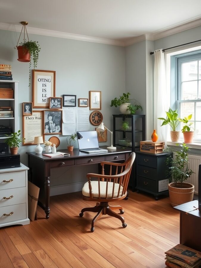 A vintage-inspired home office with wooden furniture, plants, and framed pictures on the walls.