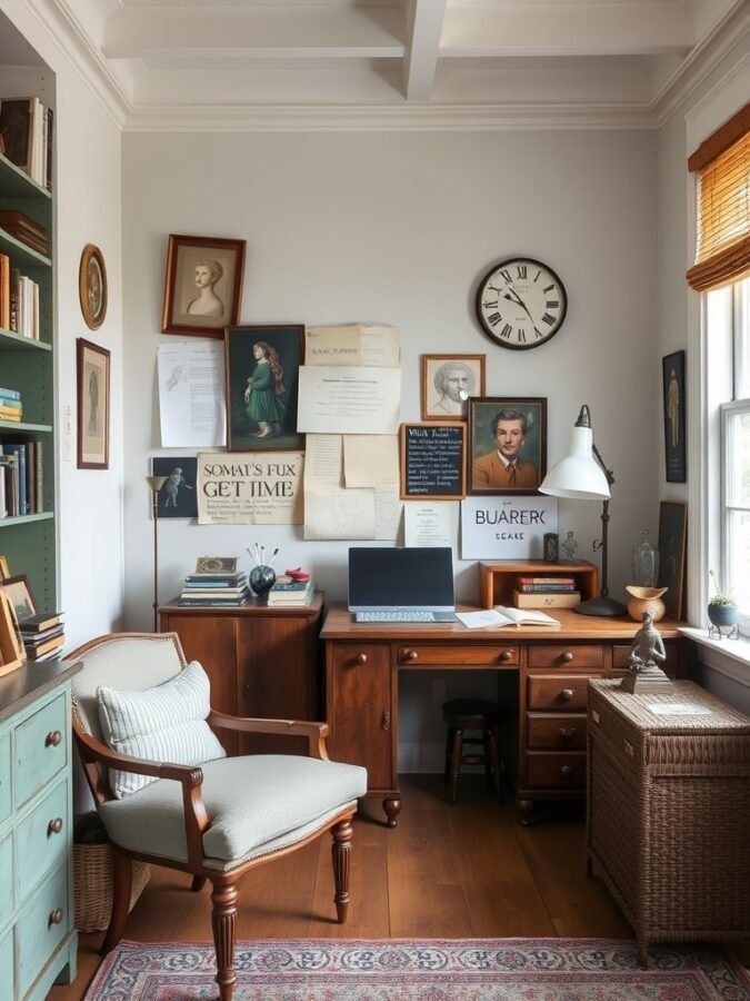 A cozy home office featuring vintage elements, including a wooden desk, bookshelf with old books, and framed portraits on the wall.