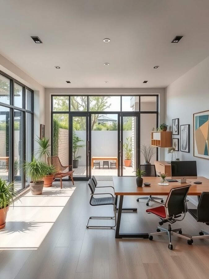 A modern office with large glass doors leading to an outdoor seating area, featuring plants and a stylish desk setup.