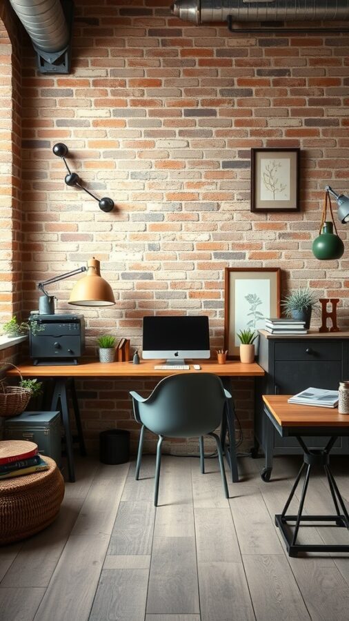 An industrial chic home office featuring a wooden desk, black accents, and an exposed brick wall.