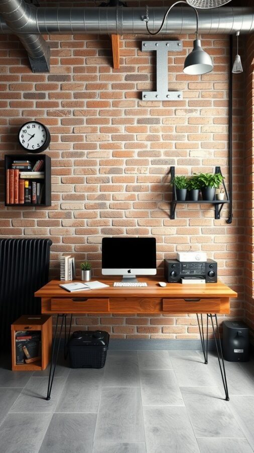 An industrial chic workspace featuring a wooden desk, an iMac, and a brick wall.