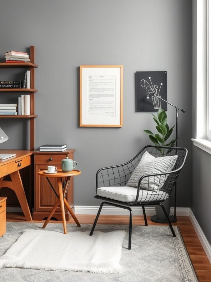 A modern industrial-style accent chair in a home office setting, featuring a wireframe design and a cozy cushion, next to a small wooden table with a cup and books.