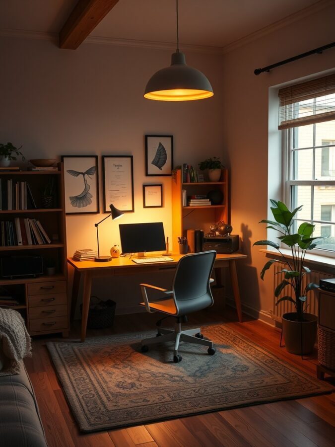 A cozy home office with warm lighting, featuring a desk, chair, and plants.