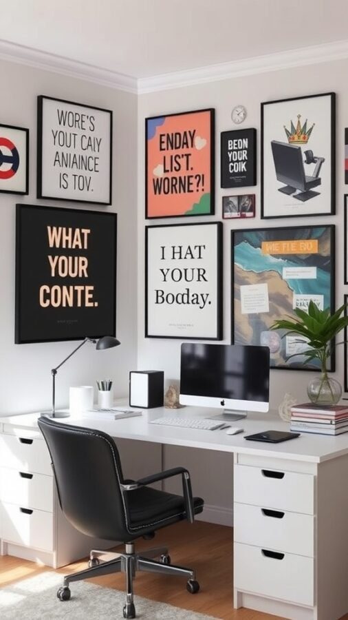 19 Inspiring Home Office Ideas You Need to Try 8 A home office featuring a gallery wall with various art prints and a modern desk setup.