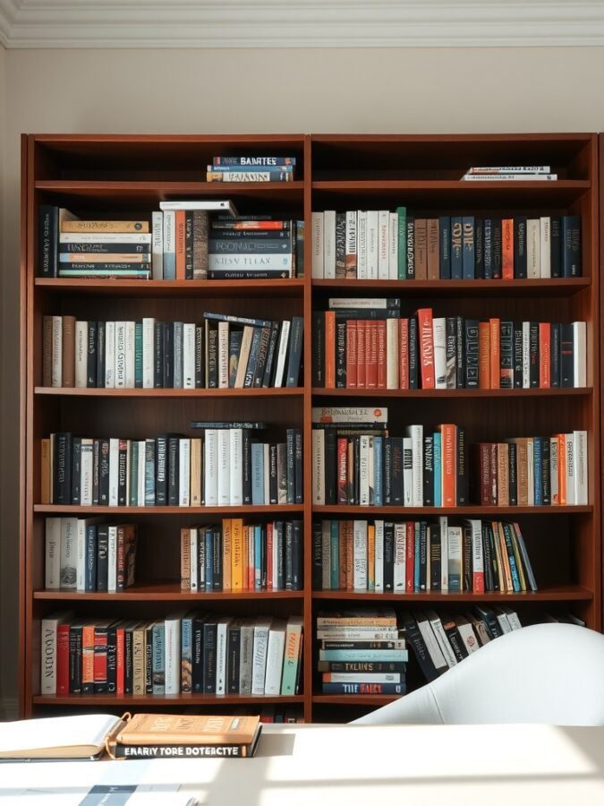 A wooden bookshelf filled with a variety of books, showcasing different colors and sizes, creating an inspiring home office atmosphere.