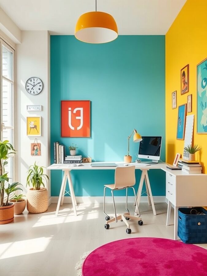 A bright home office with teal and yellow walls, a white desk, and a pink rug.