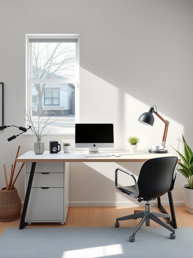 A minimalist home office with a desk, computer, lamp, and plants, featuring natural light from a window.