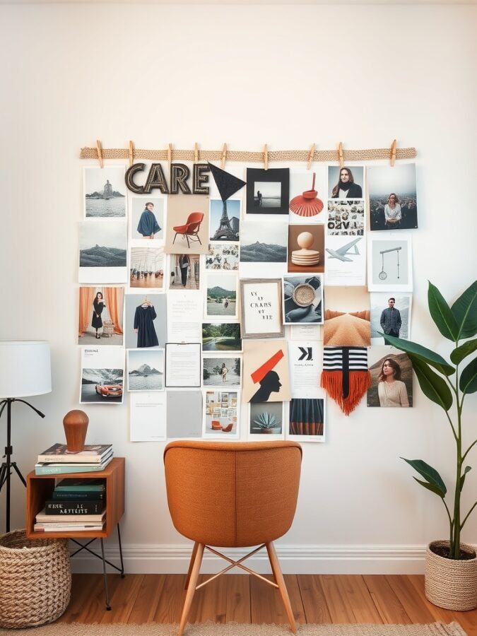 A mood board with various images, text snippets, and the word 'CARE' prominently displayed, alongside a cozy chair and a plant.