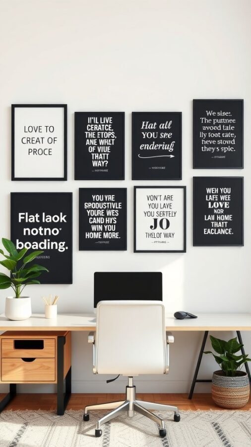 21 Creative Home Office Ideas to Boost Your Productivity 9 A modern home office with framed inspirational quotes on the wall, featuring a desk and chair.