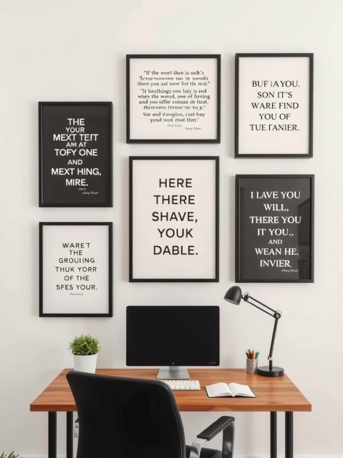 A home office wall featuring framed quotes and affirmations, creating an inspiring workspace.