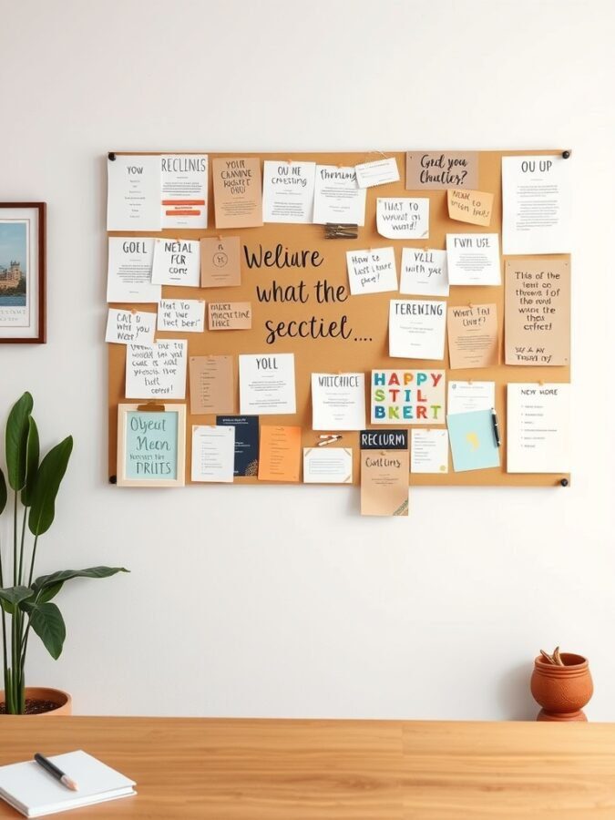 A corkboard filled with notes, quotes, and reminders, serving as a vision board in a home office.