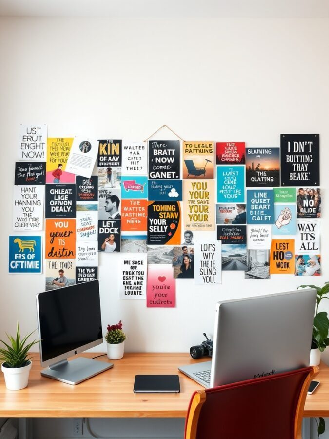 A colorful vision board filled with motivational quotes and images in a home office setting.